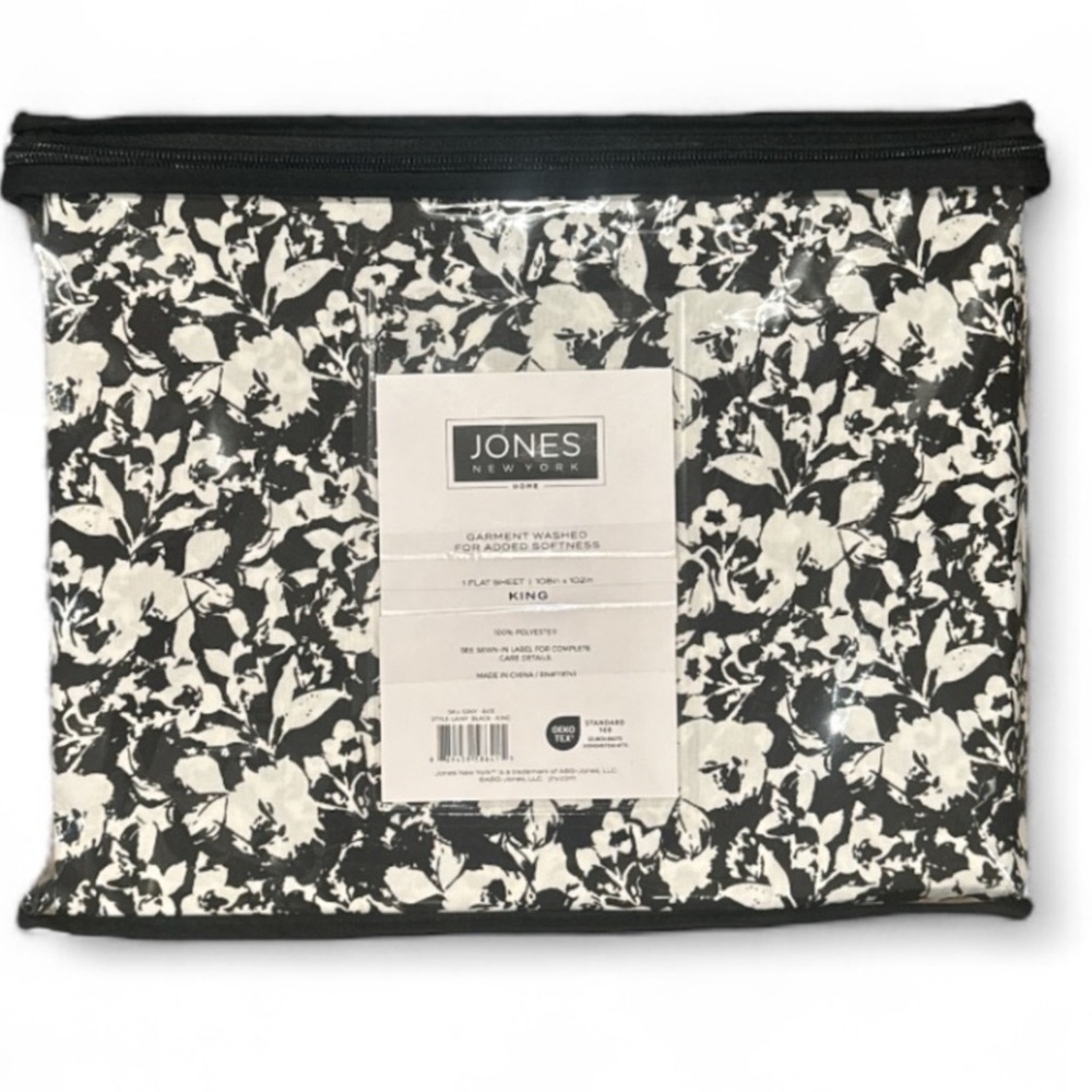 Gorgeous New authentic Jones New York modern black floral king flat sheet